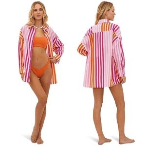 NWOT Beach Riot Alexa Pink Orange Coverup Top In Sunset Stripes Small Medium